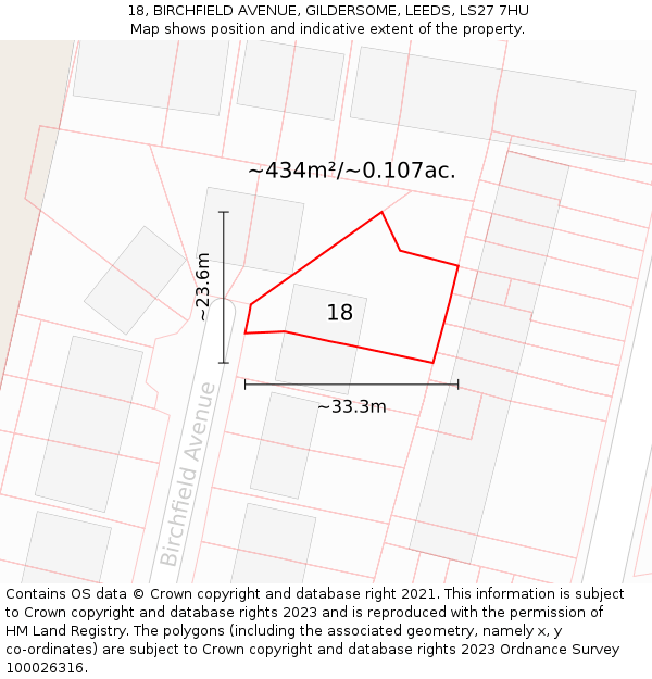 18, BIRCHFIELD AVENUE, GILDERSOME, LEEDS, LS27 7HU: Plot and title map
