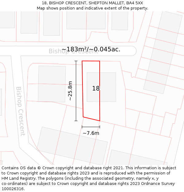 18, BISHOP CRESCENT, SHEPTON MALLET, BA4 5XX: Plot and title map