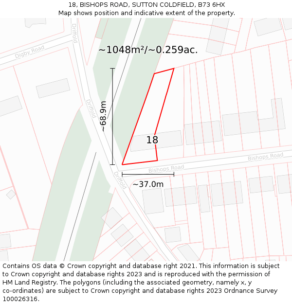 18, BISHOPS ROAD, SUTTON COLDFIELD, B73 6HX: Plot and title map