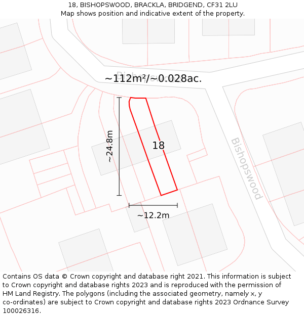 18, BISHOPSWOOD, BRACKLA, BRIDGEND, CF31 2LU: Plot and title map