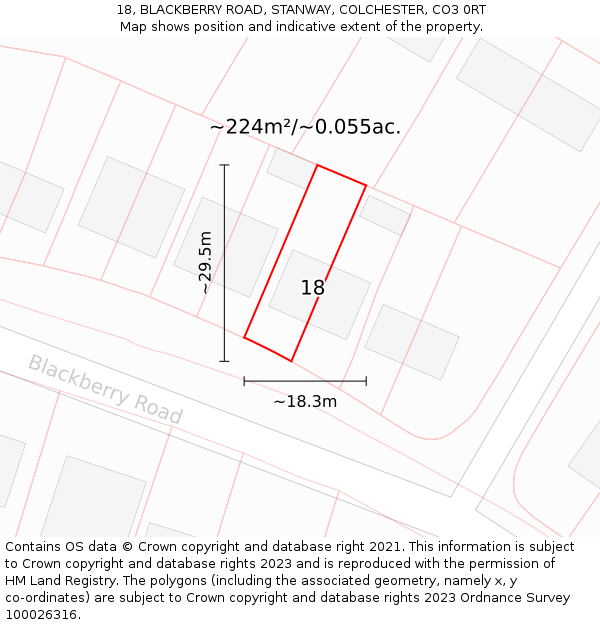 18, BLACKBERRY ROAD, STANWAY, COLCHESTER, CO3 0RT: Plot and title map