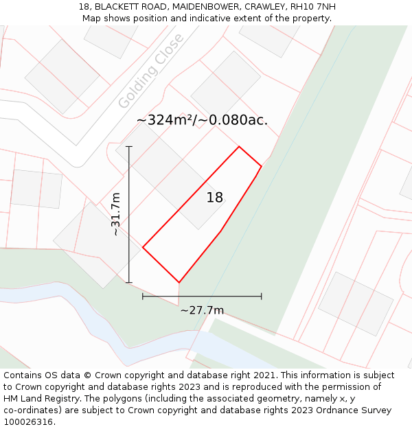 18, BLACKETT ROAD, MAIDENBOWER, CRAWLEY, RH10 7NH: Plot and title map