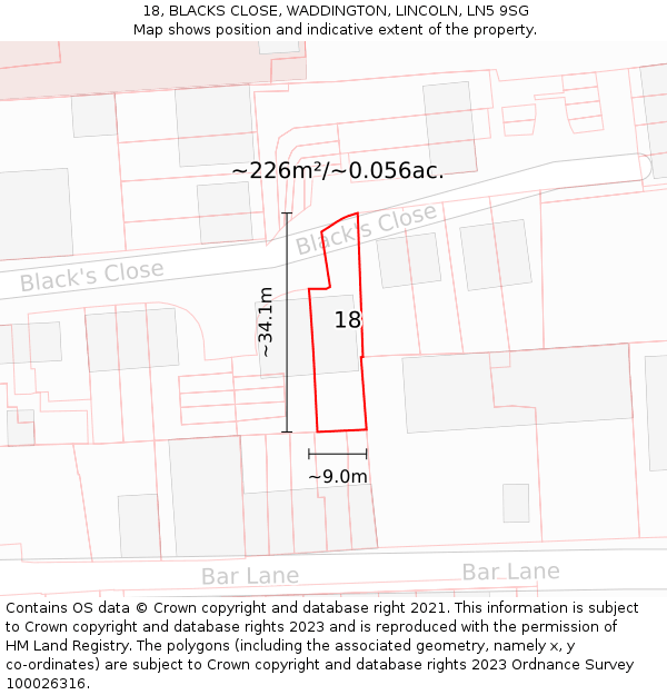 18, BLACKS CLOSE, WADDINGTON, LINCOLN, LN5 9SG: Plot and title map