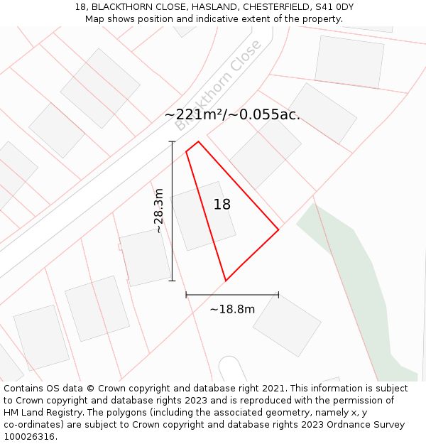 18, BLACKTHORN CLOSE, HASLAND, CHESTERFIELD, S41 0DY: Plot and title map