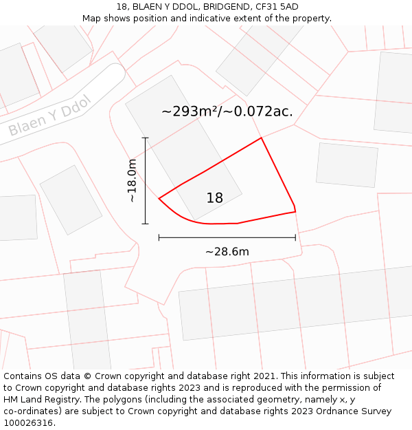 18, BLAEN Y DDOL, BRIDGEND, CF31 5AD: Plot and title map