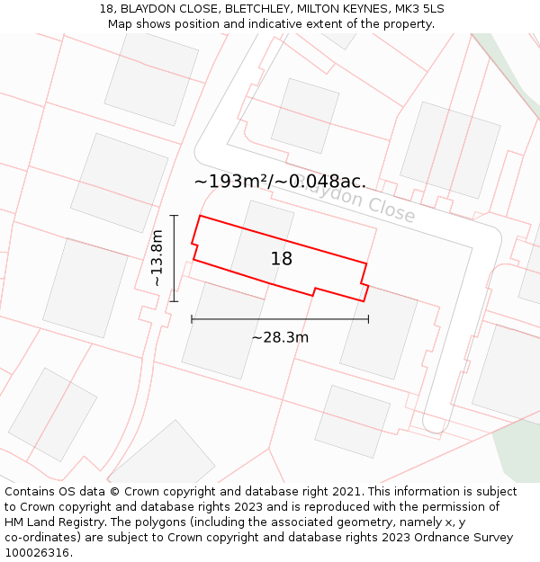 18, BLAYDON CLOSE, BLETCHLEY, MILTON KEYNES, MK3 5LS: Plot and title map