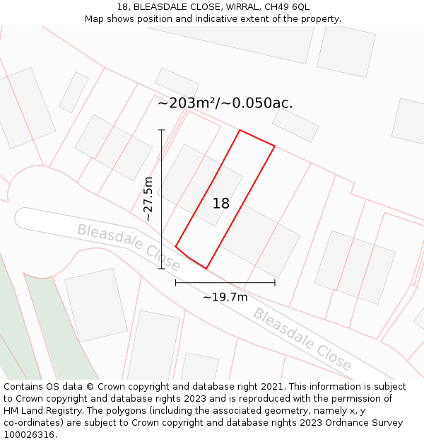 18, BLEASDALE CLOSE, WIRRAL, CH49 6QL: Plot and title map