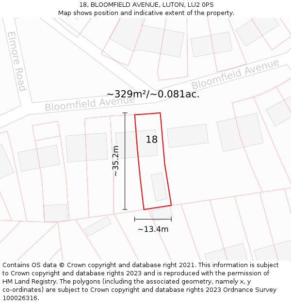18, BLOOMFIELD AVENUE, LUTON, LU2 0PS: Plot and title map
