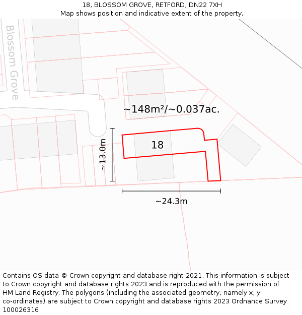 18, BLOSSOM GROVE, RETFORD, DN22 7XH: Plot and title map