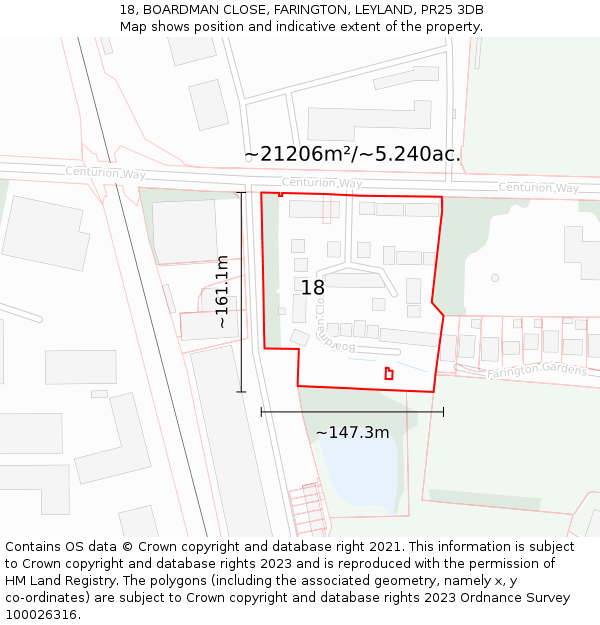 18, BOARDMAN CLOSE, FARINGTON, LEYLAND, PR25 3DB: Plot and title map