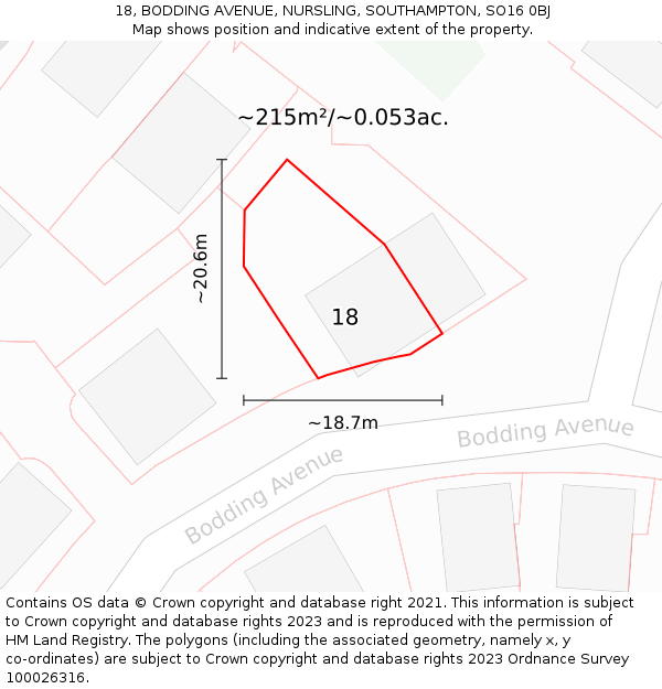 18, BODDING AVENUE, NURSLING, SOUTHAMPTON, SO16 0BJ: Plot and title map
