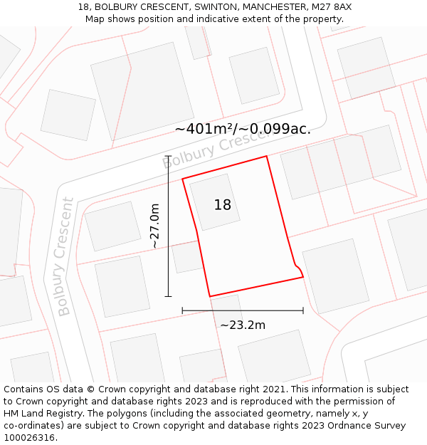 18, BOLBURY CRESCENT, SWINTON, MANCHESTER, M27 8AX: Plot and title map