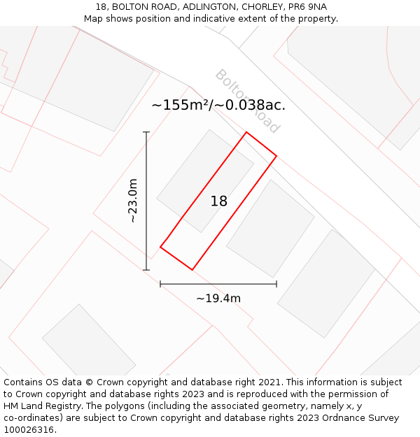 18, BOLTON ROAD, ADLINGTON, CHORLEY, PR6 9NA: Plot and title map