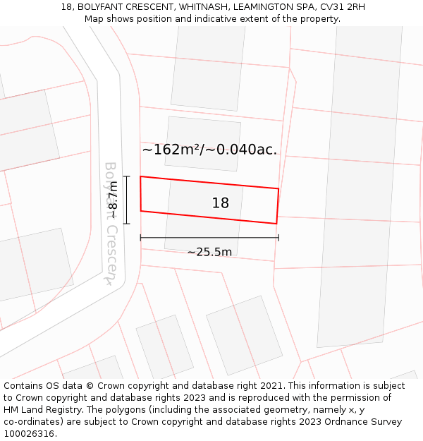 18, BOLYFANT CRESCENT, WHITNASH, LEAMINGTON SPA, CV31 2RH: Plot and title map