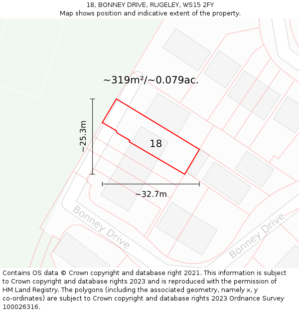 18, BONNEY DRIVE, RUGELEY, WS15 2FY: Plot and title map