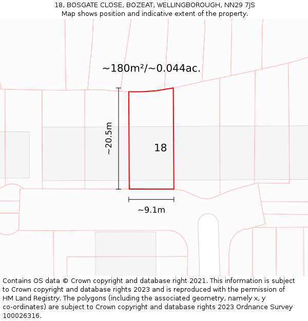 18, BOSGATE CLOSE, BOZEAT, WELLINGBOROUGH, NN29 7JS: Plot and title map