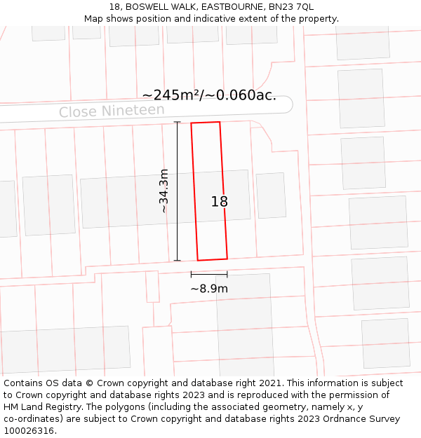 18, BOSWELL WALK, EASTBOURNE, BN23 7QL: Plot and title map