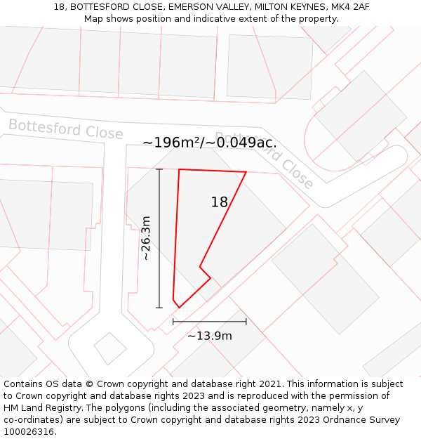 18, BOTTESFORD CLOSE, EMERSON VALLEY, MILTON KEYNES, MK4 2AF: Plot and title map
