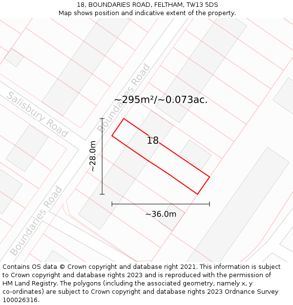 18, BOUNDARIES ROAD, FELTHAM, TW13 5DS: Plot and title map