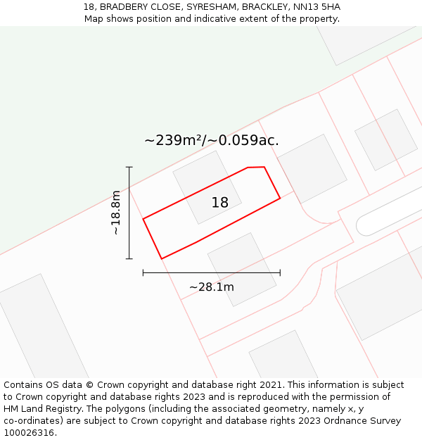 18, BRADBERY CLOSE, SYRESHAM, BRACKLEY, NN13 5HA: Plot and title map