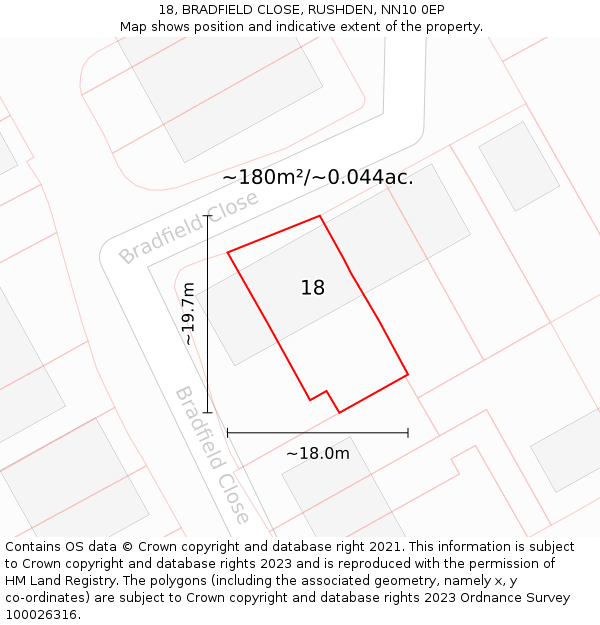 18, BRADFIELD CLOSE, RUSHDEN, NN10 0EP: Plot and title map