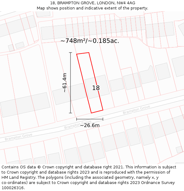 18, BRAMPTON GROVE, LONDON, NW4 4AG: Plot and title map