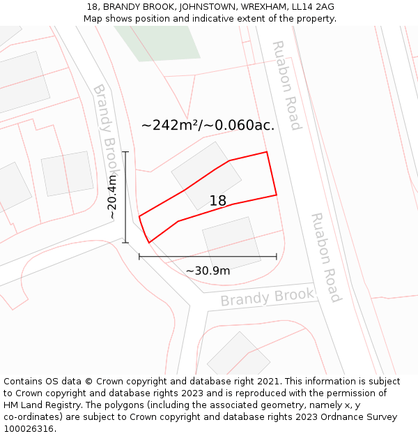 18, BRANDY BROOK, JOHNSTOWN, WREXHAM, LL14 2AG: Plot and title map