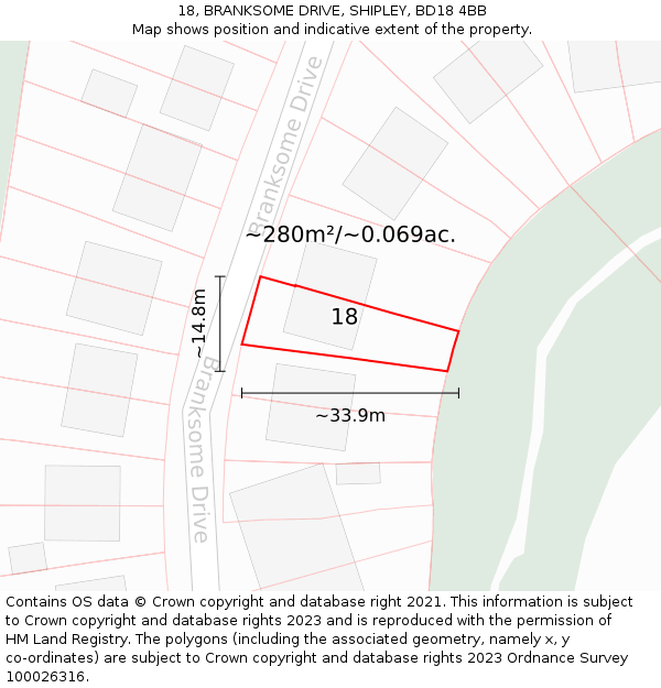 18, BRANKSOME DRIVE, SHIPLEY, BD18 4BB: Plot and title map