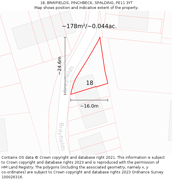 18, BRAYFIELDS, PINCHBECK, SPALDING, PE11 3YT: Plot and title map