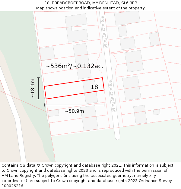 18, BREADCROFT ROAD, MAIDENHEAD, SL6 3PB: Plot and title map