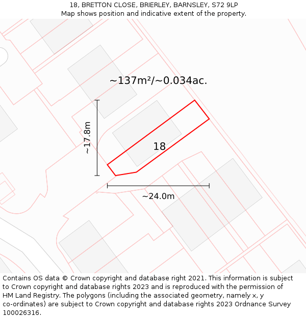 18, BRETTON CLOSE, BRIERLEY, BARNSLEY, S72 9LP: Plot and title map