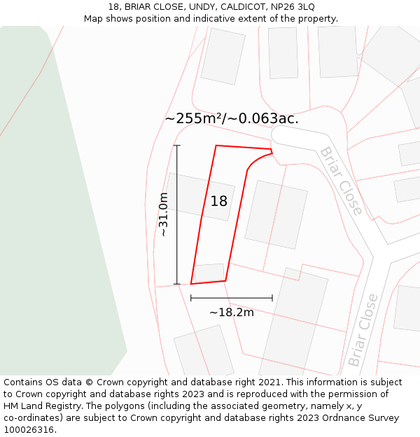 18, BRIAR CLOSE, UNDY, CALDICOT, NP26 3LQ: Plot and title map