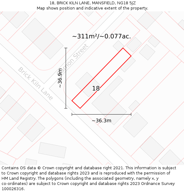 18, BRICK KILN LANE, MANSFIELD, NG18 5JZ: Plot and title map