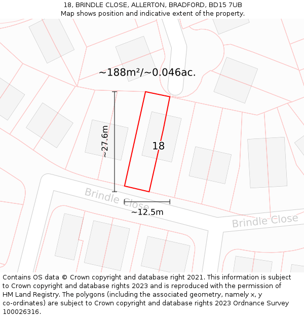 18, BRINDLE CLOSE, ALLERTON, BRADFORD, BD15 7UB: Plot and title map