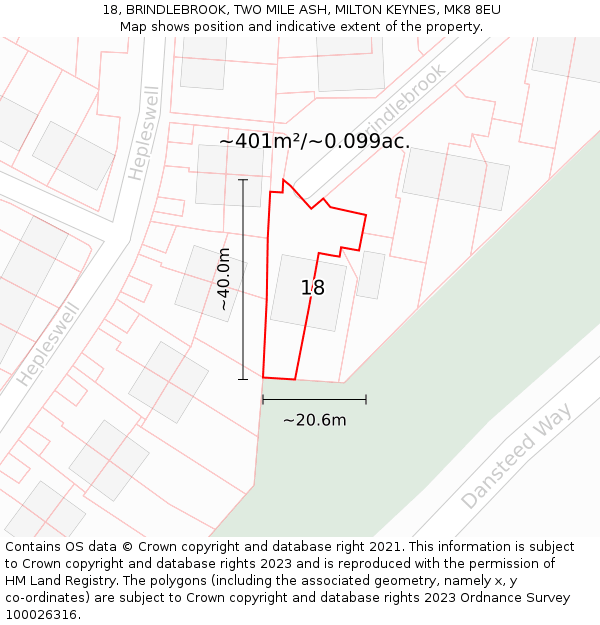 18, BRINDLEBROOK, TWO MILE ASH, MILTON KEYNES, MK8 8EU: Plot and title map