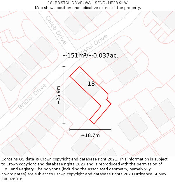 18, BRISTOL DRIVE, WALLSEND, NE28 9HW: Plot and title map