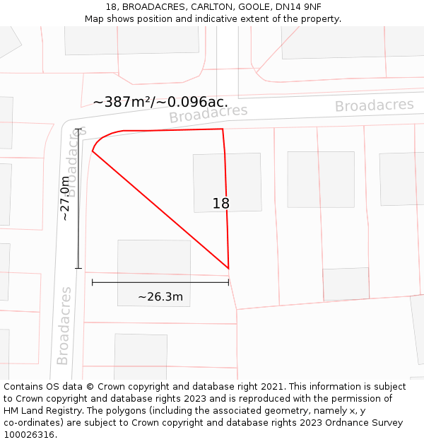 18, BROADACRES, CARLTON, GOOLE, DN14 9NF: Plot and title map