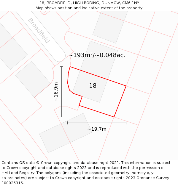 18, BROADFIELD, HIGH RODING, DUNMOW, CM6 1NY: Plot and title map