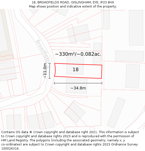 18, BROADFIELDS ROAD, GISLINGHAM, EYE, IP23 8HX: Plot and title map
