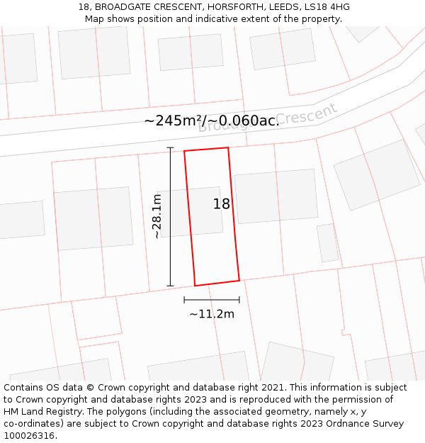 18, BROADGATE CRESCENT, HORSFORTH, LEEDS, LS18 4HG: Plot and title map