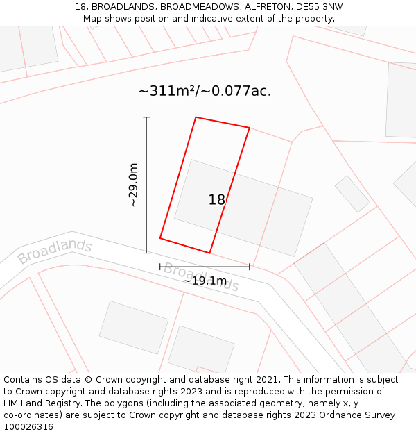 18, BROADLANDS, BROADMEADOWS, ALFRETON, DE55 3NW: Plot and title map