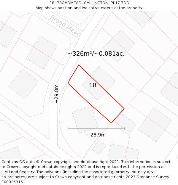 18, BROADMEAD, CALLINGTON, PL17 7DD: Plot and title map