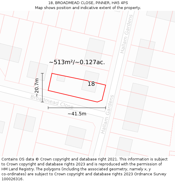 18, BROADMEAD CLOSE, PINNER, HA5 4PS: Plot and title map