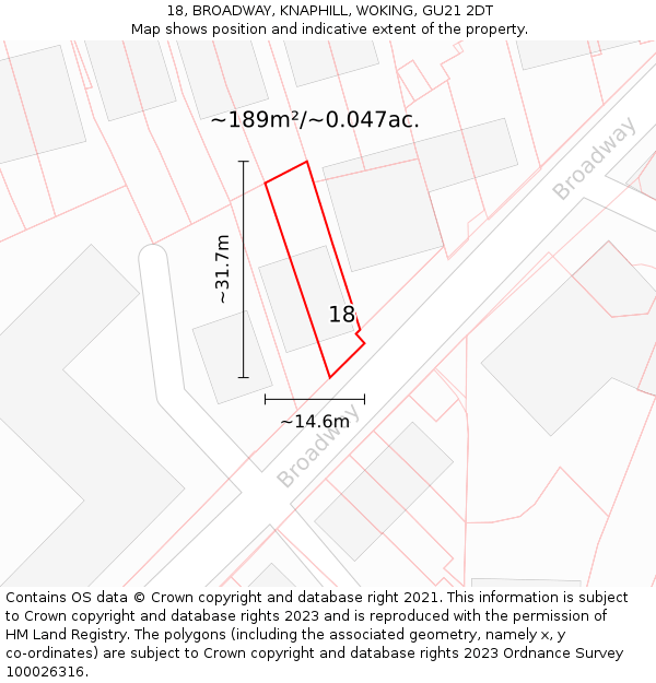 18, BROADWAY, KNAPHILL, WOKING, GU21 2DT: Plot and title map