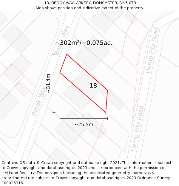 18, BROOK WAY, ARKSEY, DONCASTER, DN5 0TB: Plot and title map