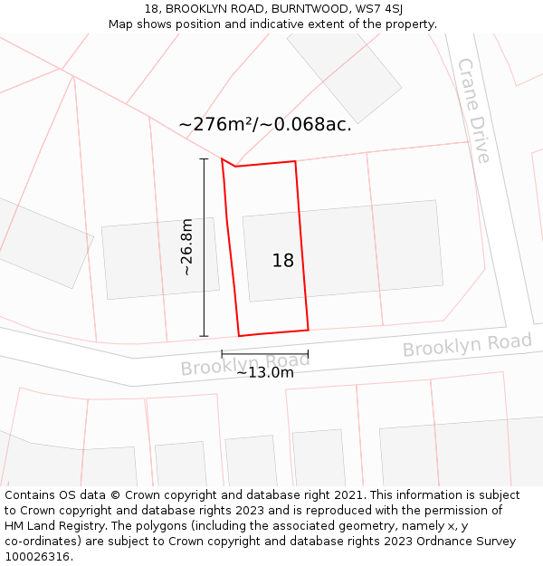 18, BROOKLYN ROAD, BURNTWOOD, WS7 4SJ: Plot and title map