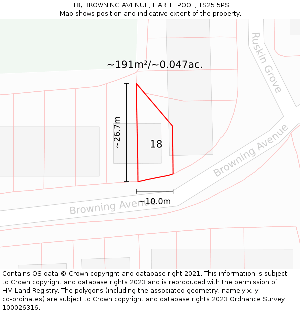 18, BROWNING AVENUE, HARTLEPOOL, TS25 5PS: Plot and title map