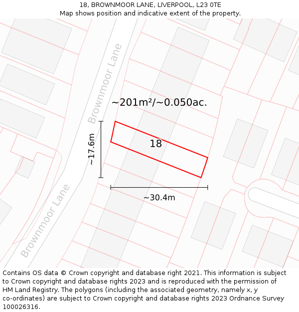 18, BROWNMOOR LANE, LIVERPOOL, L23 0TE: Plot and title map