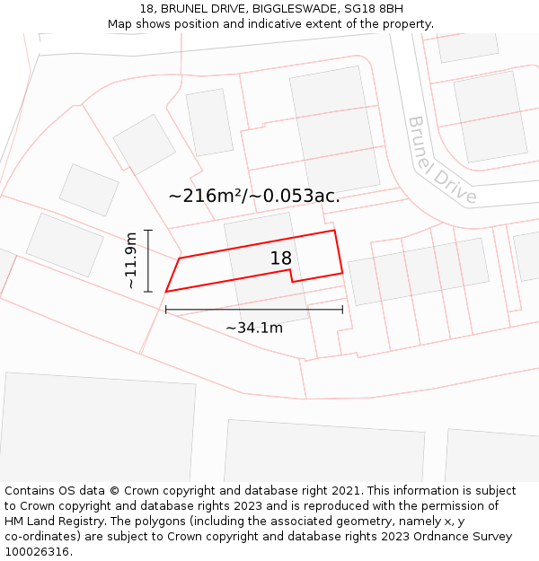 18, BRUNEL DRIVE, BIGGLESWADE, SG18 8BH: Plot and title map