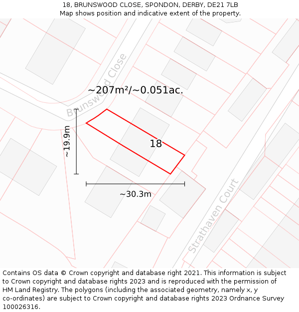 18, BRUNSWOOD CLOSE, SPONDON, DERBY, DE21 7LB: Plot and title map